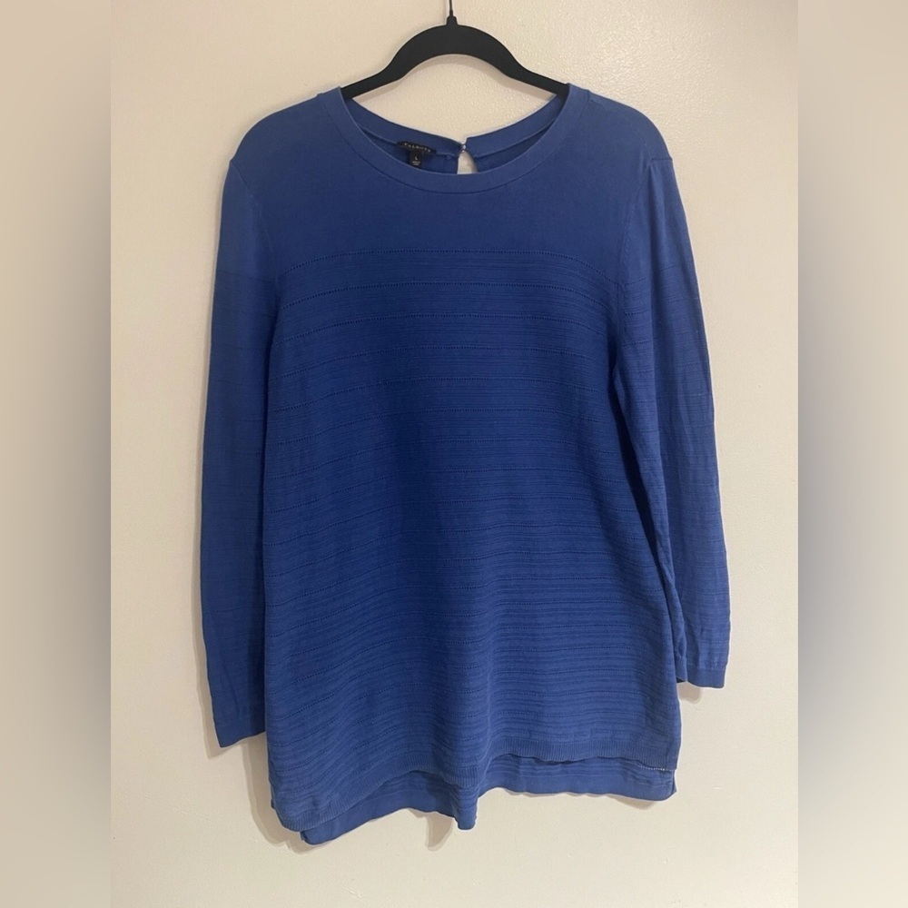 Talbots Blue Minimalist Tunic Blouse L Long Sleeve Relaxed Fit Workwear Classic